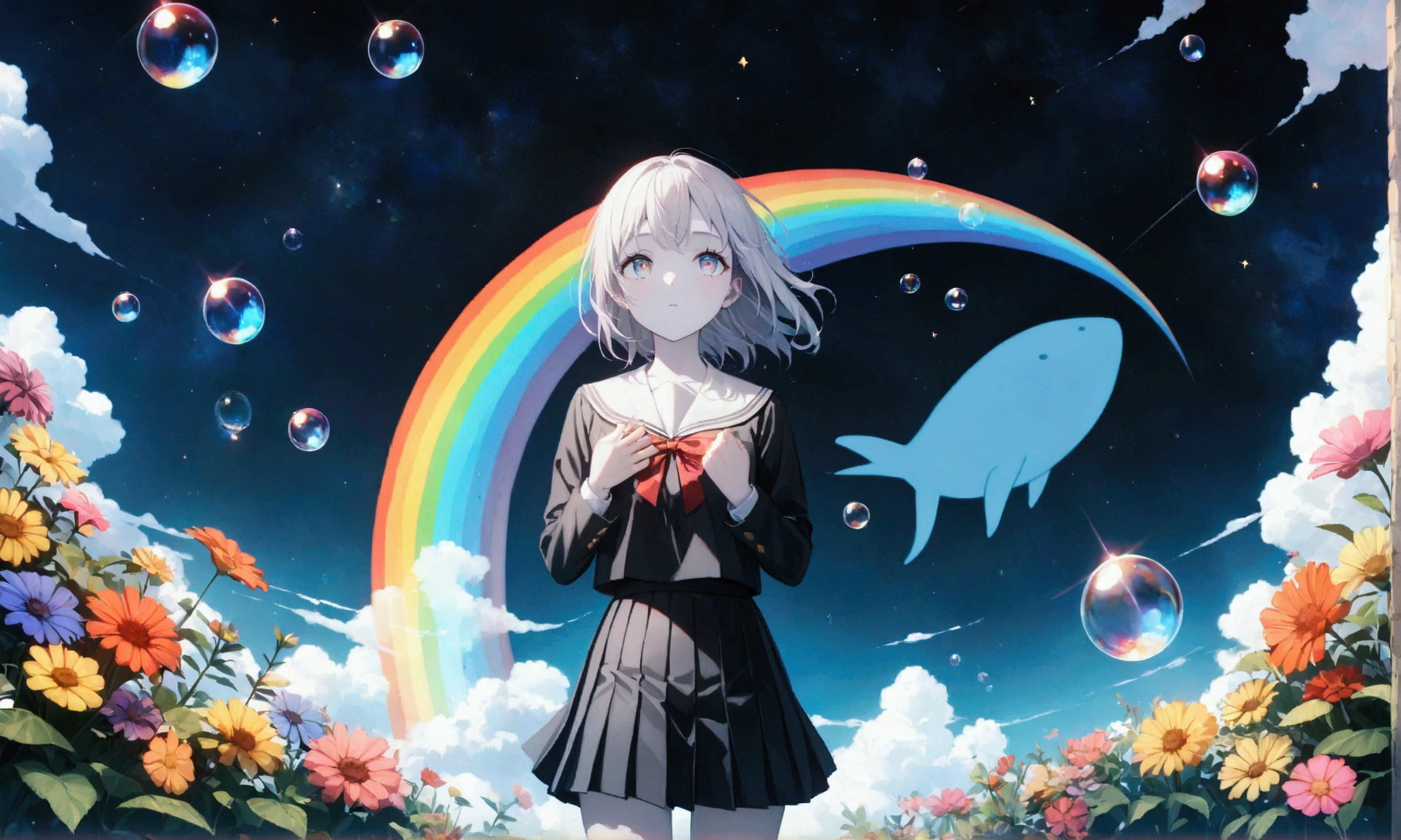 (masterpiece:1.2), (pale_skin:1.2), (alone:1.2), (woman)、(woman\(student, 20-year-old, ＪＫ, Short silver hair floating, Space-colored eyes, school black uniform, paleskin) Looking up at the sky), (A large glass-colored whale swims in the air), Beautiful sky, Beautiful Clouds, Colorful summer flowers are blooming everywhere., (Transparent bubbles shine like prisms here and there in the sky), There is a noon moon and a noon star in the sky, In a crowded downtown, break ,quality\(8k,Highly detailed CG unit wallpaper, masterpiece,High resolution,top-quality,top-quality real texture skin,Surreal,Increase the resolution,RAW Photos,highest quality,Very detailed,wallpaper,Cinema Lighting,Ray-tracing,Golden Ratio\),(Long Shot),Wide Shot,