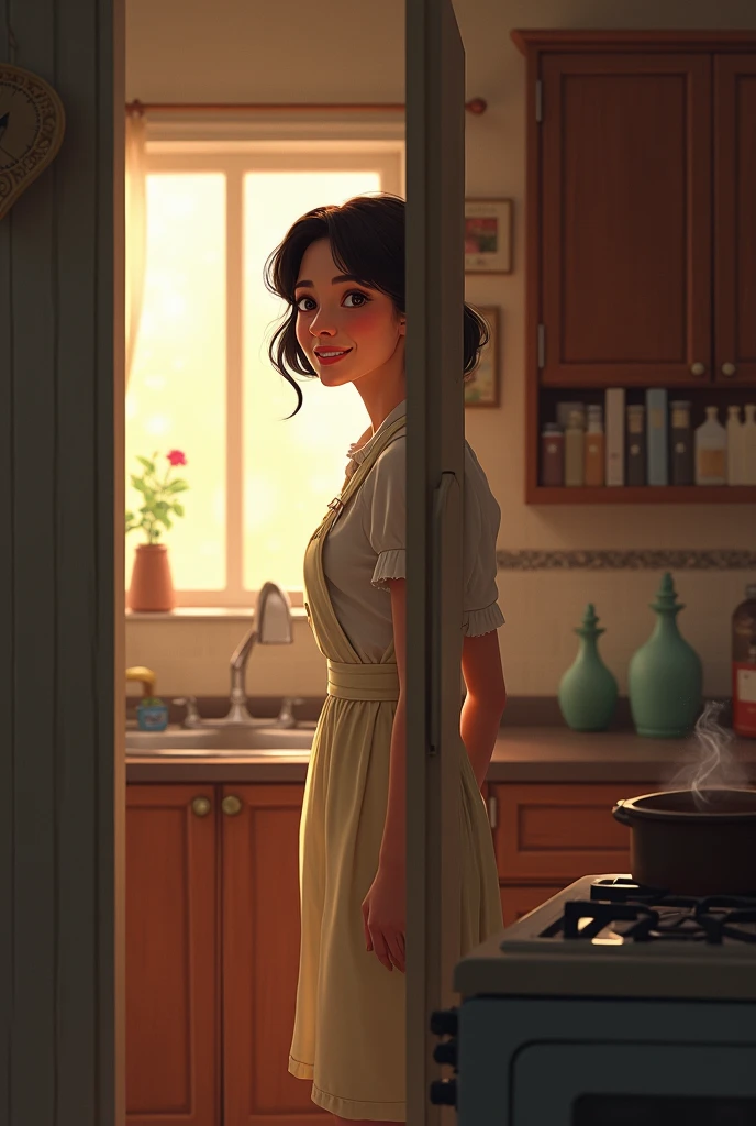 Woman cooking in 's kitchen peering behind door