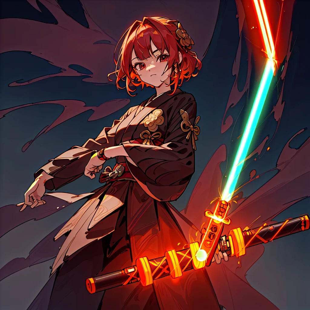 1girl,Handsome face、 perfect anatomy 、((( best composition、 best quality、 masterpiece、 super detailed、 high definition、32K,CG,HHD))),Oiran、(((He holds lightsabers in both hands))),Neon light background 、The moment I'm waving my lightsaber、dynamic、It's an afterimage of a lightsaber drawing a circle