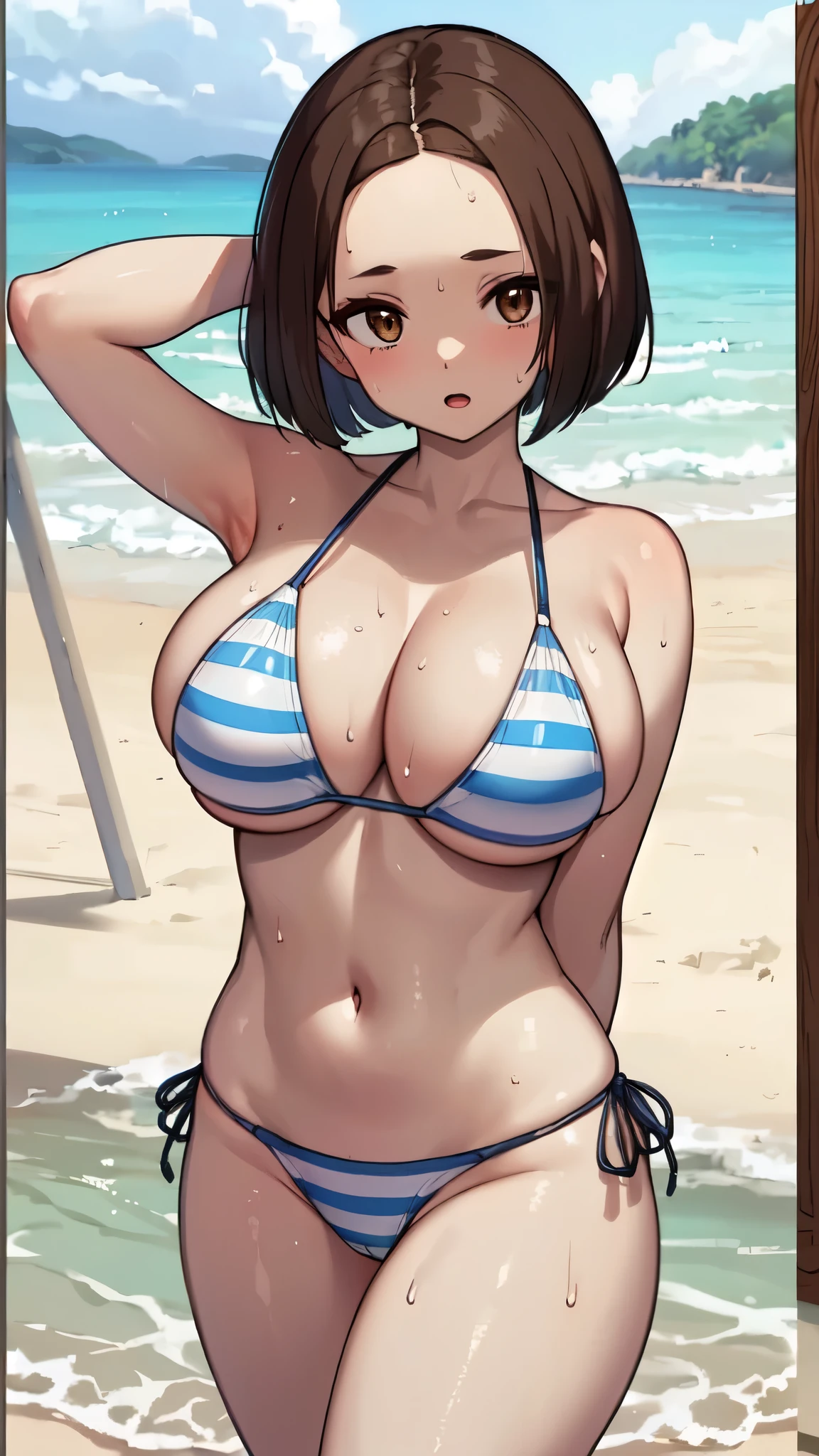 ( perfect body), best quality,( 8K Portrait ),( Official Art)、nsfw、 Office Lady、((、、hot、vapor、Armpits、Hands behind head、sweat))、(((Big Breasts)))、( brown hair、 Brown Eyes )、(Forehead:1.4)、( split bangs、 bob cut from the front)、Light blue striped bikini、(( bob cut from the front、 Short Bang ))、( beach )