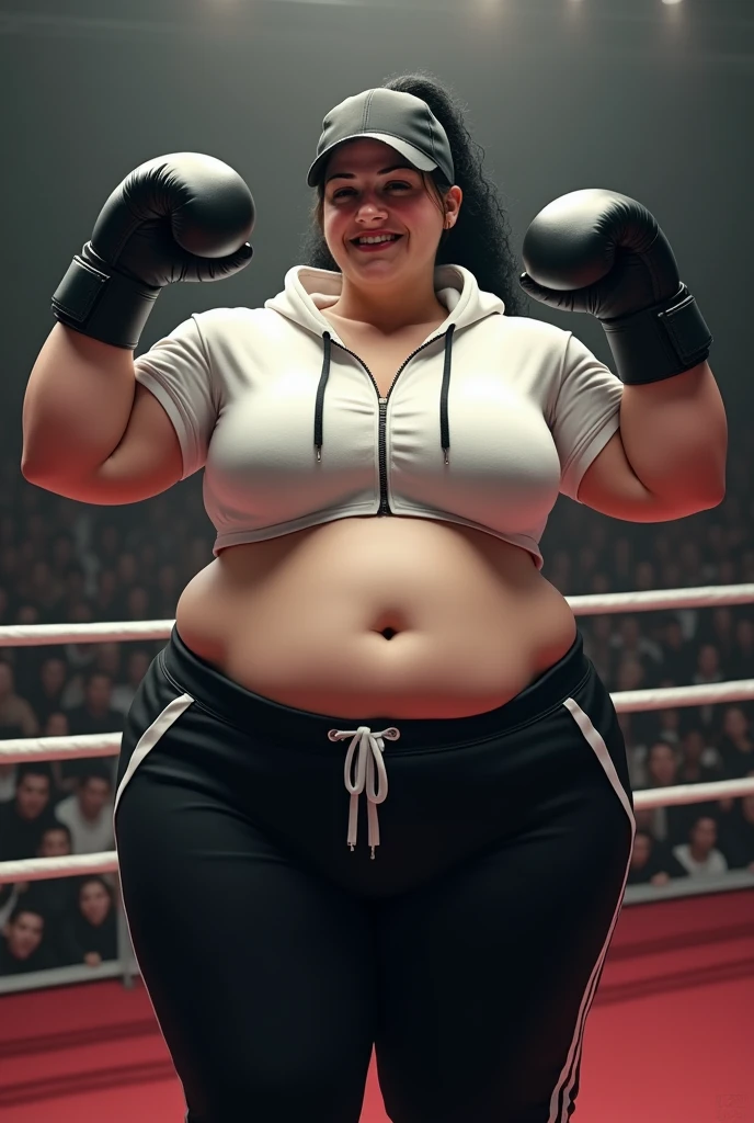 ((((8k))),((Extremely meticulous CG)) ,(wallpaper),16k,((Extremely refined and beautiful)),(((Masterpiece))),(((best qualtiy))),(((Ultra High Resolution))),beautiful light up,Perfect lightning,realistic shaded,(Smooth and flawless fair skin:1.5),(pale skin:1.3),Extremely exquisite facial details,(perfect body:1.1),ultra-detailed,A girl,solo,(small head:1.2),(short ponytail:1.1),(detailed eyes:1.2),(bloated:1.5),(big face:1.5),(round face:1.5),(double chin:1.3),(Exquisite makeup:1.2),(shiny skin:1.5),(sweat:1.5),(wet:1.5),(small breasts:1.5),(flat chests:1.5),(fat:1.5),(obese:1.5),(over weight:1.5),(plump:1.5),(serious:1.3),(angry:1.3),(Red long tank top covering the navel:1.5),(boxing gloves:1.5),(big belly:1.5),(night scene:1.5),indoor,(In a spacious sports stadium:1.5),(On the boxing ring:1.5),(detailed background:1.5),(standing:1.2),(Combat posture:1.3),(ready to fight:1.2),(close-up of face:1.3),(from front:1.3),(bright light:1.3),(The stands are full filled with crowded crowds:1.5),(extremely lively atmosphere:1.3)