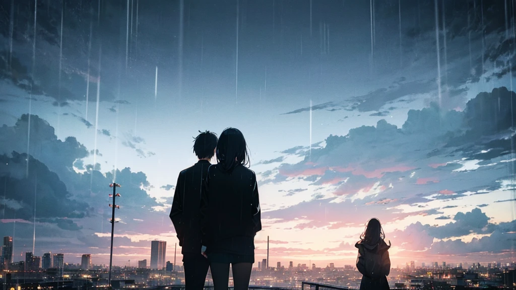 Pale Tone , Night sky, black,back ground in black, Everyday Scenes, terribly blurry background , rain, 2 people ,cloud,rain,Pouring rain,An urban city that can be seen in the distance