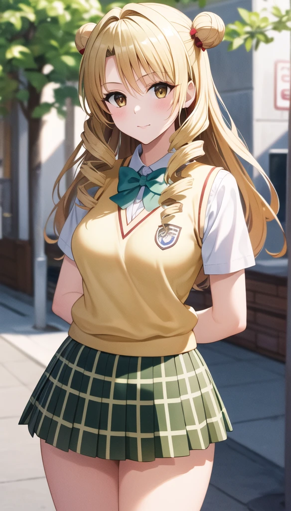 masterpiece, best quality, highres, 1girl, solo, long hair, blonde hair, double bun, drill hair, brown eyes, school uniform, green bowtie, white shirt, sweater vest, yellow vest, short sleeves, plaid skirt, green skirt, standing, cowboy shot, outdoors,