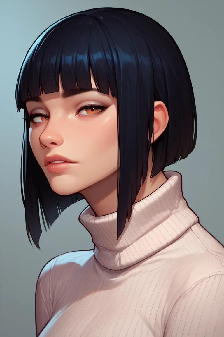 score_9, score_8_up, score_7_up, score_6_up, score_5_up, BREAK, 1girl, solo, turtleneck sweater, short hair, black hime cut, portrait, looking at viewer, sexy, curvy, seductive 