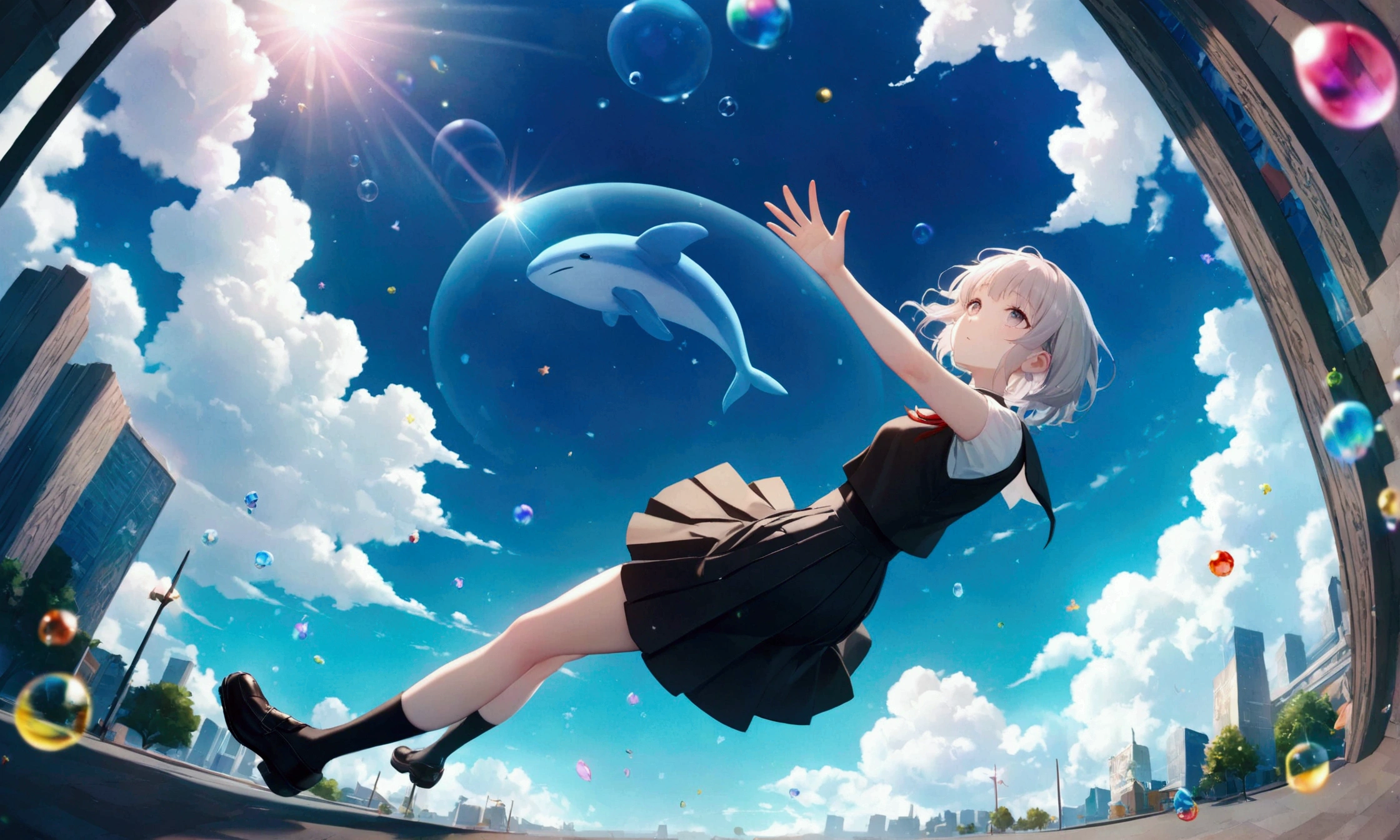 masterpiece:1.2), (pale_skin:1.2), (alone:1.2), (woman)、(woman & man\(student, 20-year-old, ＪＫ, Short silver hair floating, Space-colored eyes, school black uniform, paleskin) Looking up at the sky), (A large glass-colored whale swims in the air), Beautiful sky, Beautiful Clouds, Colorful summer flowers are blooming everywhere., (Transparent bubbles shine like prisms here and there in the sky), There is a noon moon and a noon star in the sky, In a crowded downtown, break ,quality\(8k,Highly detailed CG unit wallpaper, masterpiece,High resolution,top-quality,top-quality real texture skin,Surreal,Increase the resolution,RAW Photos,highest quality,Very detailed,wallpaper,Cinema Lighting,Ray-tracing,Golden Ratio\),(Long Shot),Wide Shot, 