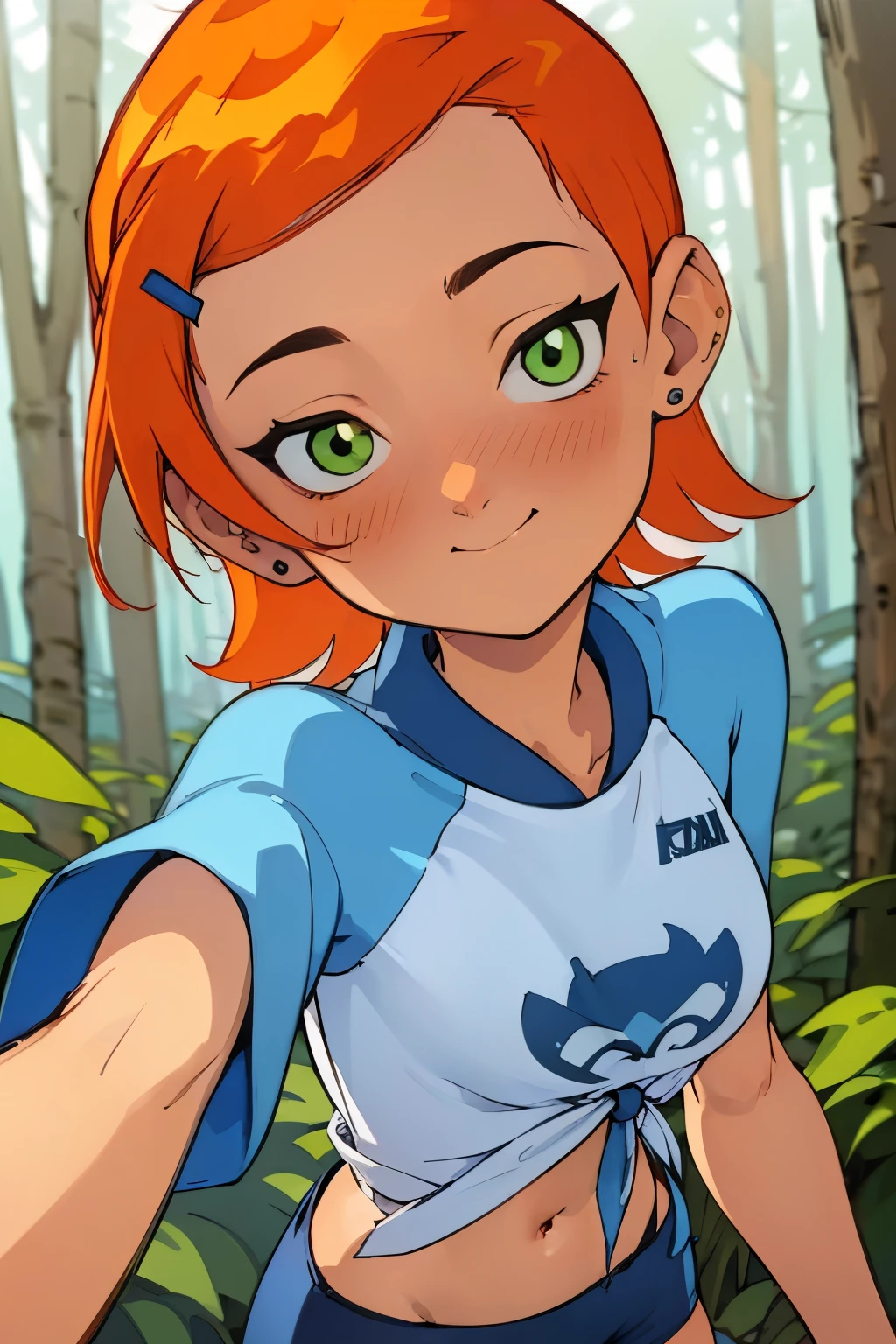 (Masterpiece), Best Quality, ultra-detailed, 1girl (Gwendolyn_Tennyson, lovely small breasts, orange hair, short hair, green eyes, half-closed eyes),  smile, parted lips, nose blush, blush, facing viewer, looking at viewer, solo, yellow tank_top(, tired), denim shorts, , in the forest, walk, sexy walking, sexy waist teasing, spread  arms 