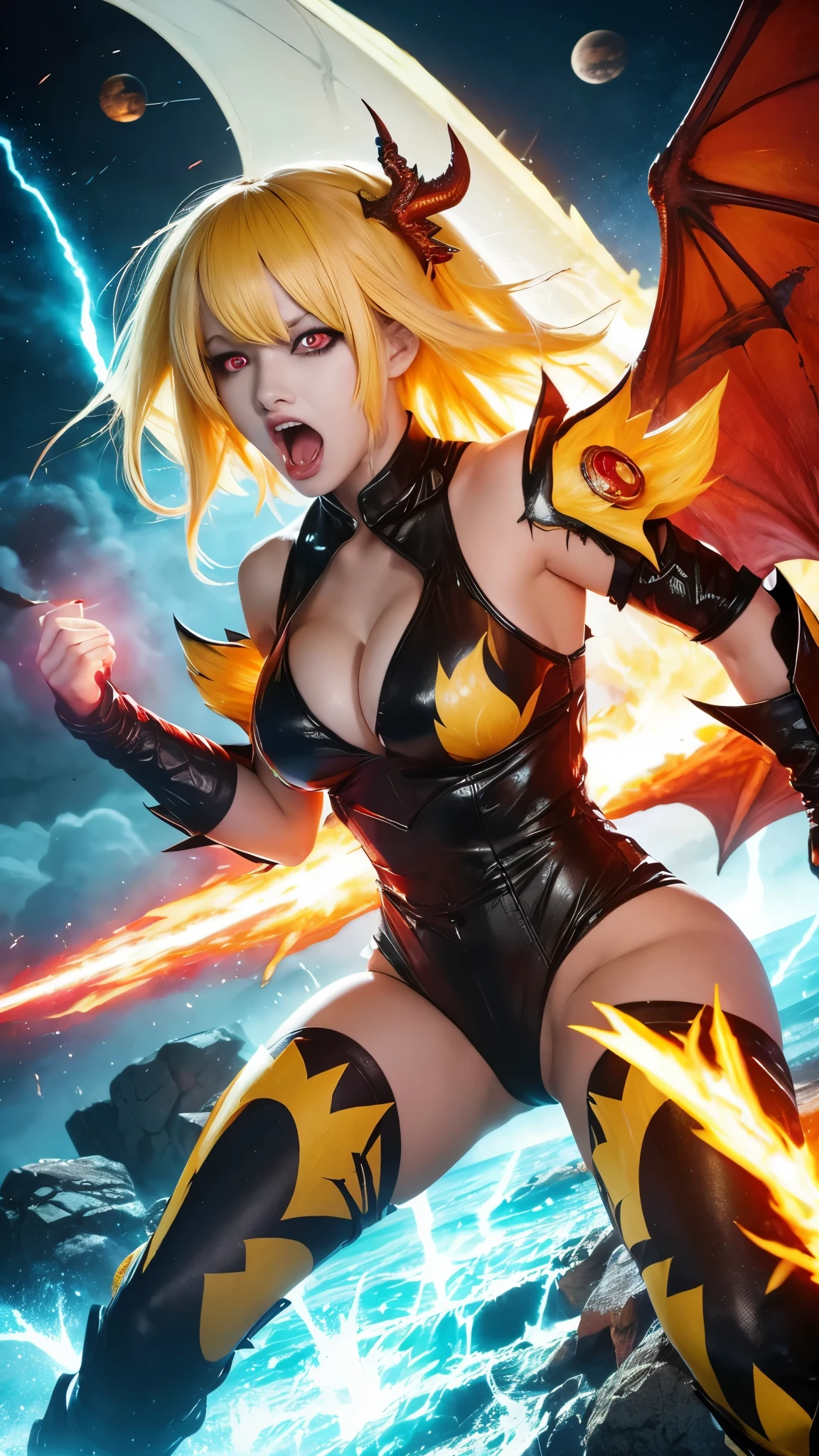 ((best quality)), ((masterpiece)), (detailed), perfect face, ((best quality)), ((masterpiece)), (detailed), perfect face, Big tits, asian girl, dragonball style, beatyful face, energie aura around a girl, goku, dragon ball, ((black and white leather clothes)),( (power)), energie, super powered, ((stocking)), ((she throws lightning energieball)), looking ahead ,((stocking)), ((orange mask)), ((volt energie around the girl)), ((more boobs)), ((sexy)), more fire, ((more dragon balls)), (lightning), blonde hair