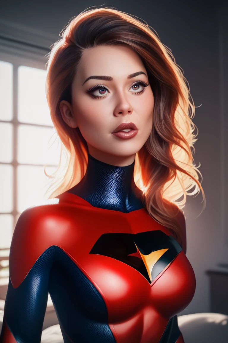 a beautiful woman in a red superhero suit,erotic pose, detailed face, penetrating eyes, glossy lips, long lashes, intricate suit details, dramatic lighting, cinematic composition, hyper realistic, 8k, photorealistic