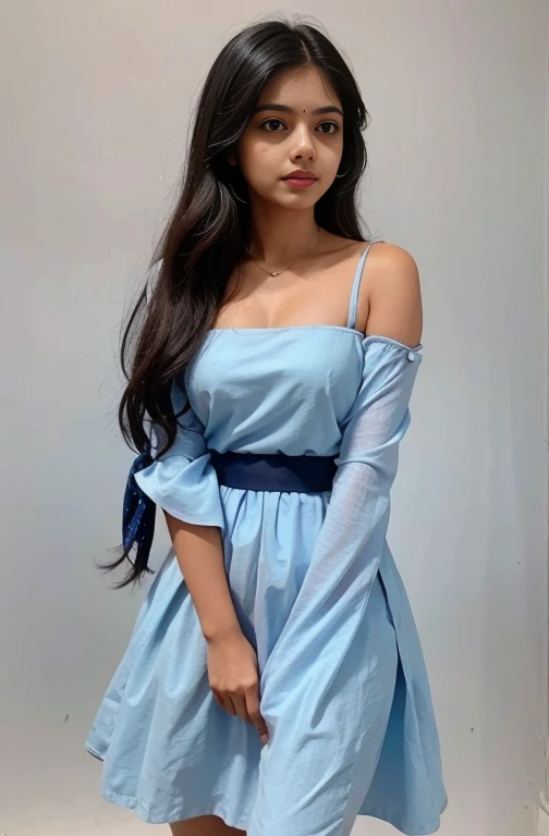 An indian girl wearing a frock, 100%white background. The colour of the frock is blue hue with black dots around the end of the frock... fading towards upwards, near aeound her knee. The sleeves are shoulder thick strap, the neck cut is rectangular. 
