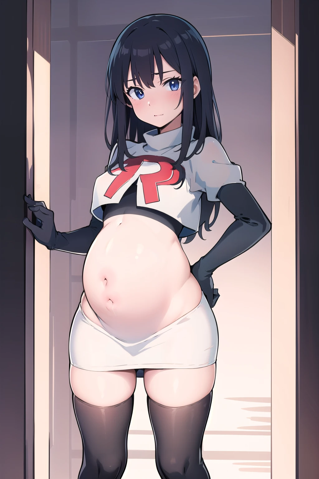 (masterpiece:1.2, best quality), (intricate details), (mature woman, milf), (tall:1.2), anime, solo,mature, team rocket,team rocket uniform,white skirt,red letter R,crop top,black thigh-highs,black elbow gloves, field of depth, cowboy shot, pregnant,
