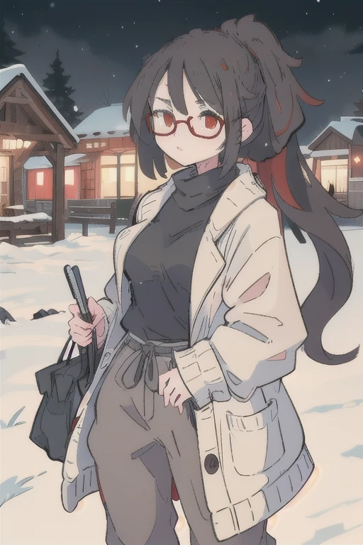 gorgeous woman, very long black hair tied in high ponytail,  dull red eyes, glasses, baggy Winter clothes, coat, oversized gray pants, lithe physique, medium breasts, limited color range, winter core, snowing, cozy, fogging breath, nostalgic, innocent, bokeh