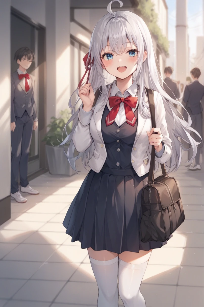  score_9,  score_8_up,  score_7_up,  score_6_up,  score_5_up,  score_4_up, BREAK Source_Anime,  Alisa Mikhailovna Kujo,  blue eyes,  silver-haired, Long Hair,  red hair ribbon that makes the crowd laugh,  white shirt, Ahoge,  white shoes , Black vest, School Black Dress , white thighhighs,  Short Beige Blazer ,  red ribbon,  standing,