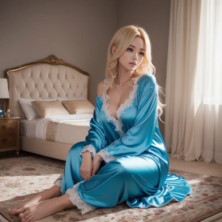 ((highest quality)),((excellent quality, 8K, masterpiece: 1.5)), Private parts are clearly visible: 1.2, perfect body beauty: 1.4, big breasts, silver hair, choker necklace,bracelet,blue and red lace jumpsuit,wet skin, round chest,big breasts,I can see your areola, sleeping in bed,legs open,open your legs,take your feet apart,please bend your knees,smile,film texture,Shooting angle,From above,