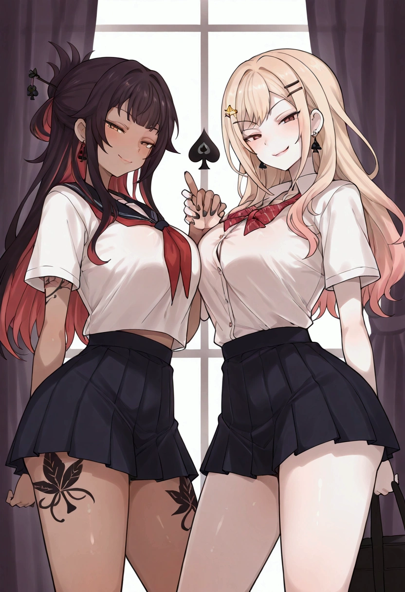 (masterpiece, best quality:1.2), TerasuMC, 2girls, October, virtual YouTuber, multicolored hair, gyaru, hairpin, school uniform, skirt, take your pick, pale skin, dark skin, (ultra-detailed), black spade earrings dangling, black vine tattoos going up thighs and arms, smirking, jack off hand sign