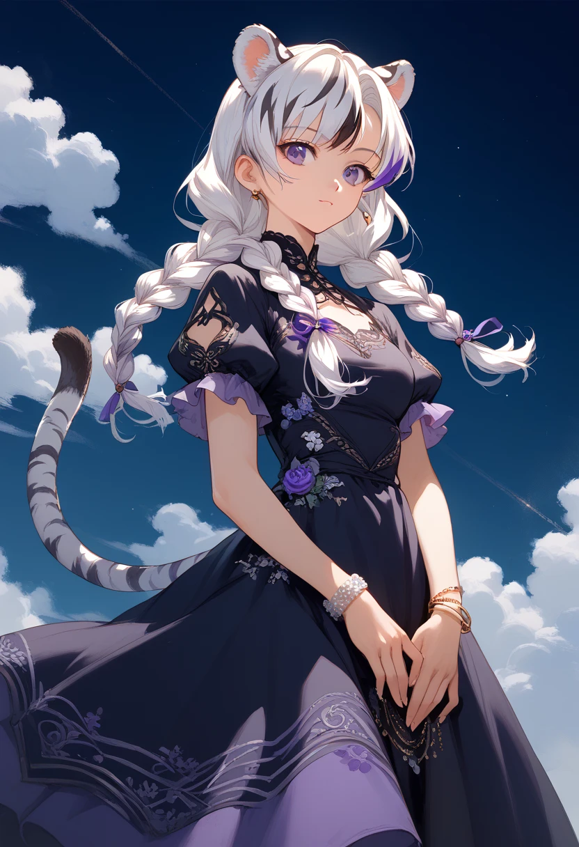 ((masterpiece)), ((90s anime)), 1girl, solo, long hair, white tiger ears, white tiger tail, purple eyes, standing, old anime style, cute, purple dress, black dress, multicolored dress, bracelet, low twin braids, white hair, two-tone hair.