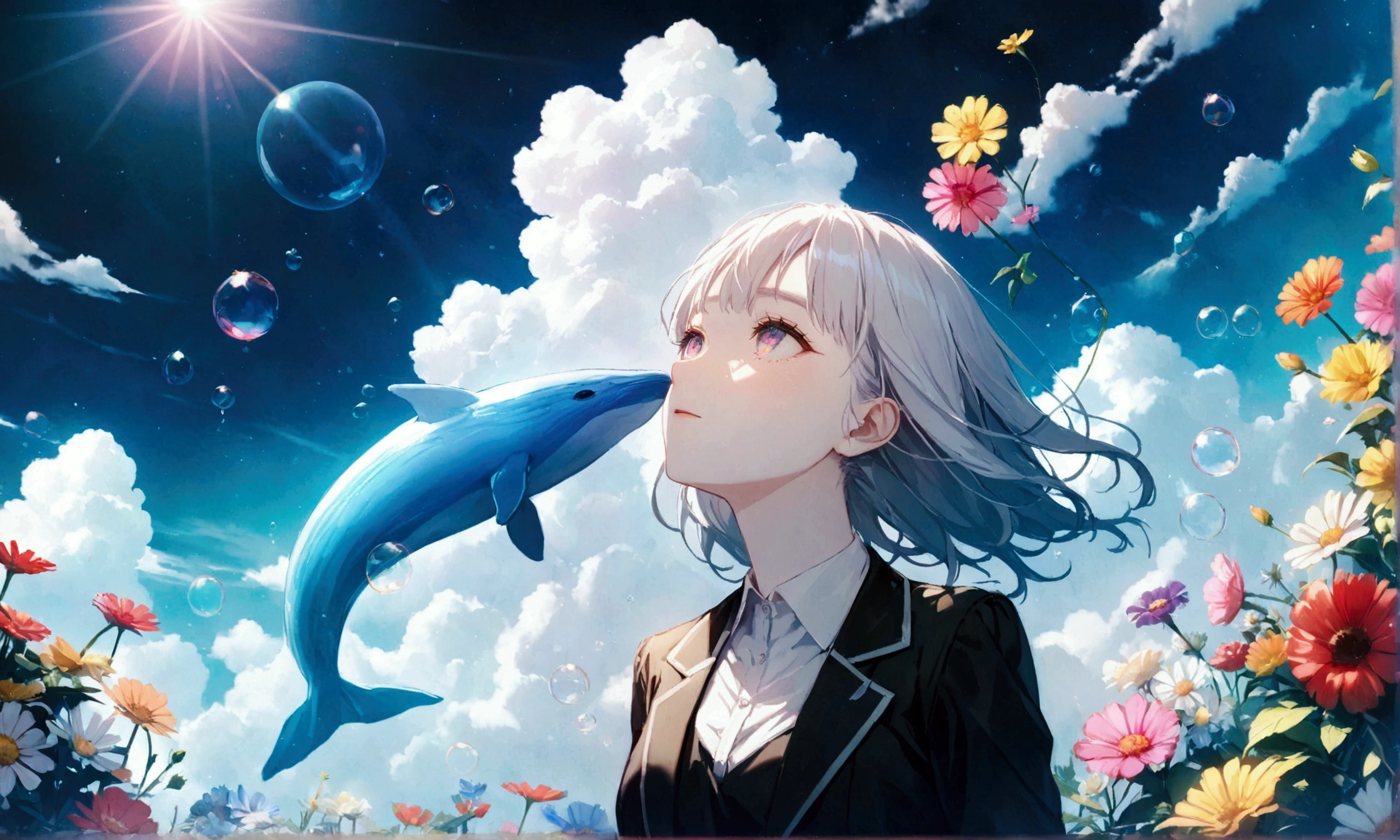 masterpiece:1.2), (pale_skin:1.2), (alone:1.2), (woman)、(woman & man\(student, 20-year-old, ＪＫ, Short silver hair floating, Space-colored eyes, school black uniform, paleskin) Looking up at the sky), (A large glass-colored whale swims in the air), Beautiful sky, Beautiful Clouds, Colorful summer flowers are blooming everywhere., (Transparent bubbles shine like prisms here and there in the sky), There is a noon moon and a noon star in the sky, In a crowded downtown, break ,quality\(8k,Highly detailed CG unit wallpaper, masterpiece,High resolution,top-quality,top-quality real texture skin,Surreal,Increase the resolution,RAW Photos,highest quality,Very detailed,wallpaper,Cinema Lighting,Ray-tracing,Golden Ratio\),(Long Shot),Wide Shot, 