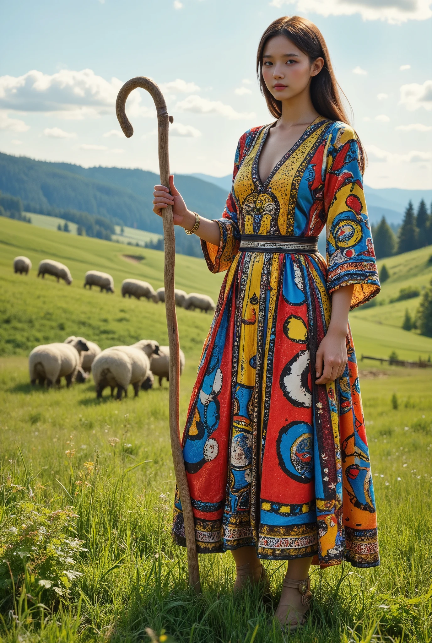 Ultra-realism, Keith Haring colorful style, Simple Line Initialism, Abstract art, Pastoral Idyll, Meadows, sheep grazing, shepherd girl with a wooden stick,