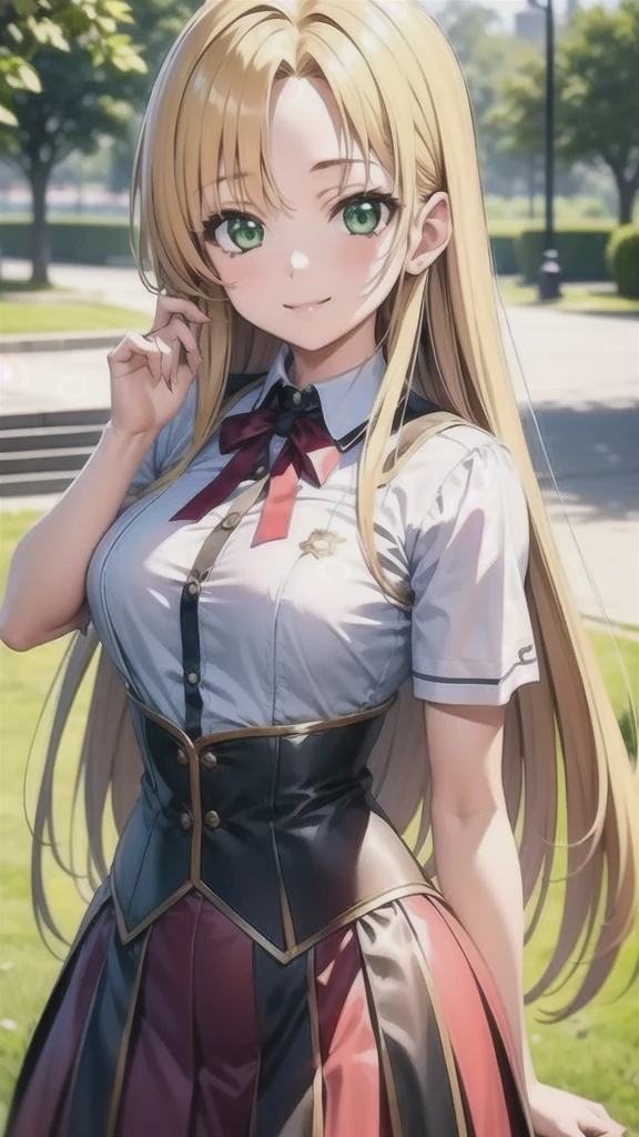 best quality, masterpiece, 1girl, (solo:1.1), raytracing, ultra detailed,detailed face, 8k wallpaper, wide hips, smile, AsiaArgentoNDV, 1girl, blonde hair, large breasts, long hair, green eyes, red skirt, school uniform, shirt, corset, ribbon,  outdoor