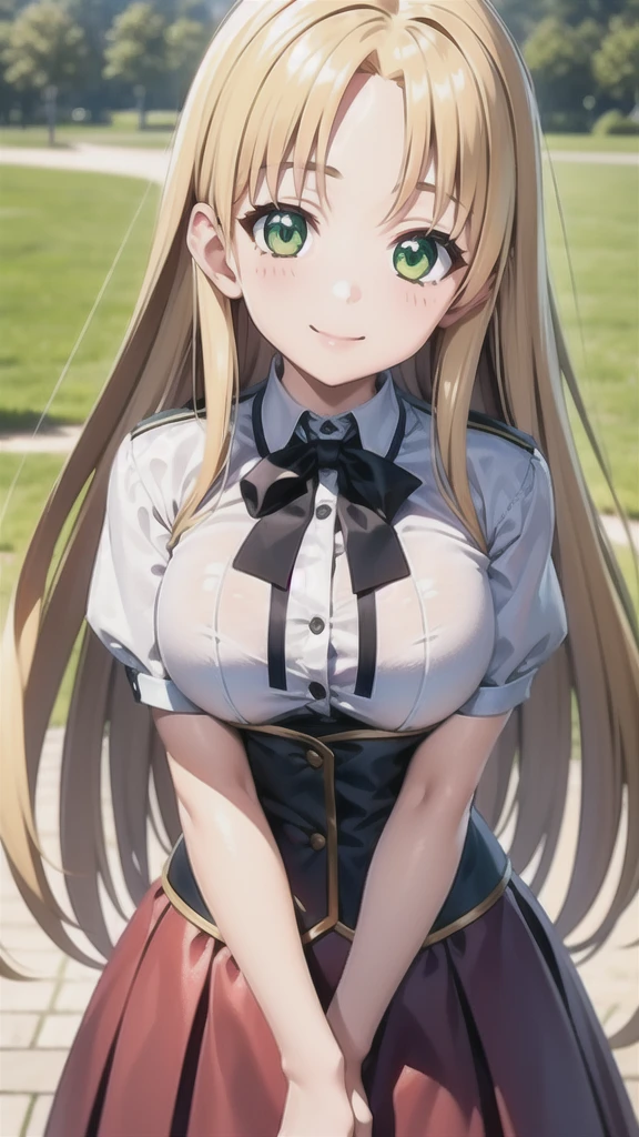 best quality, masterpiece, 1girl, (solo:1.1), raytracing, ultra detailed,detailed face, 8k wallpaper, wide hips, smile, AsiaArgentoNDV, 1girl, blonde hair, large breasts, long hair, green eyes, red skirt, school uniform, shirt, corset, ribbon,  outdoor