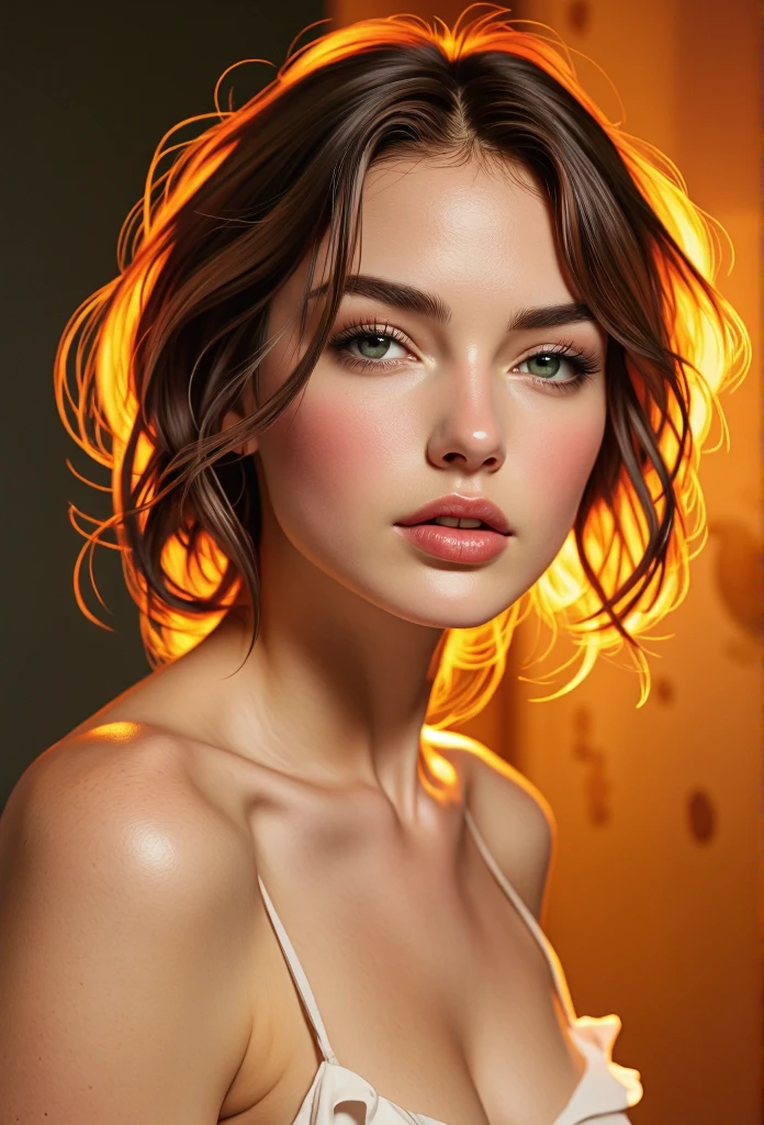 A hyper-detailed and highly stylized portrait of a woman with wavy, flowing hair, illuminated by warm golden lighting. The woman's face is soft and expressive, with a subtle glow enhancing her features. The style resembles a digital oil painting, emphasizing smooth textures and vibrant color contrasts. The background is simple and warm, blending harmoniously with the subject. The composition highlights her beauty and elegance, creating a timeless and artistic impression.