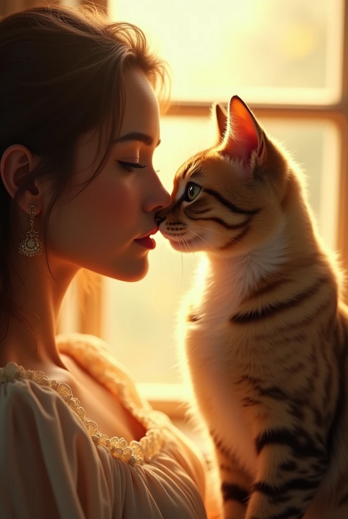 A scene of a cat gently giving its owner a kiss. The cat is leaning close to the owner’s face, lightly touching noses as if sharing a sweet kiss. The cat’s eyes are narrowed, showing a calm and loving expression, capturing a tender moment of bonding between the cat and its owner.