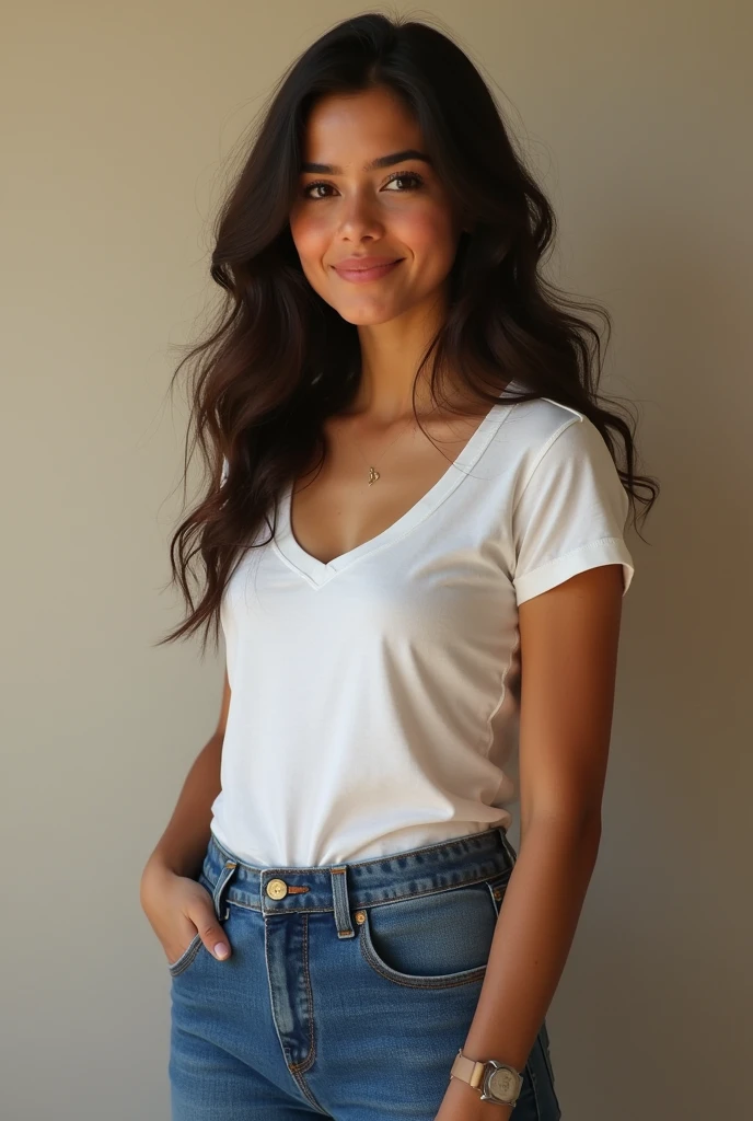 beautiful latin woman, curly hair, standing straight facing forward,with white t-shirt, ripped denim jeans pants, on a greyish background, cotton t-shirt texture, fitted t-shirt, round neck, striped tights. Medium camera shot.