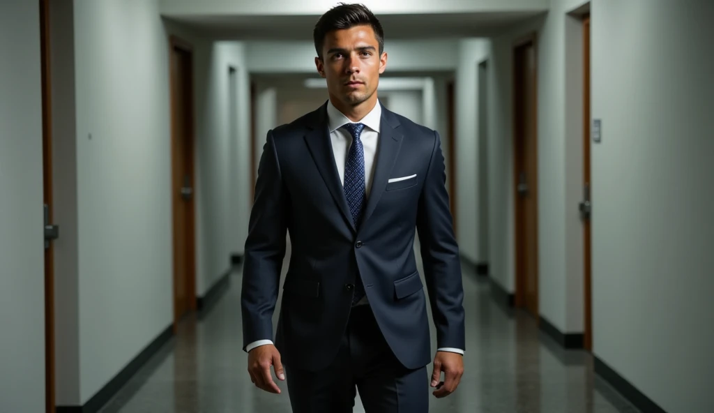 Ronaldo in a suit, extremely detailed skin, walking in the hallway.