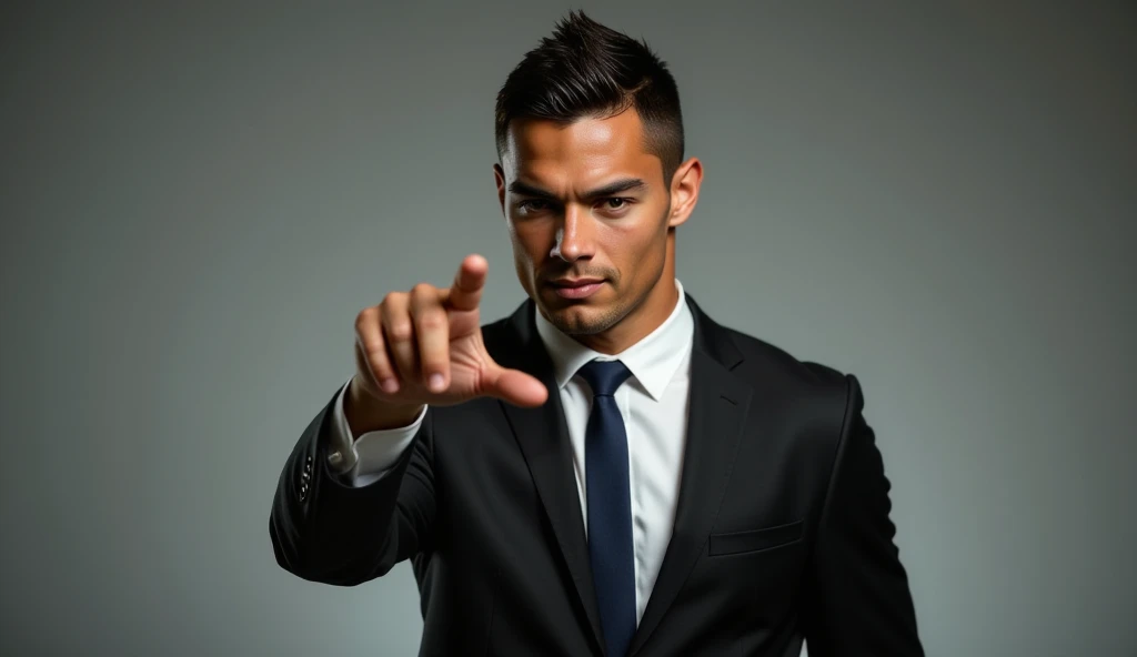 Full body portrait of Ronaldo in a suit, extremely detailed skin, pointing at viewer with an angry face.