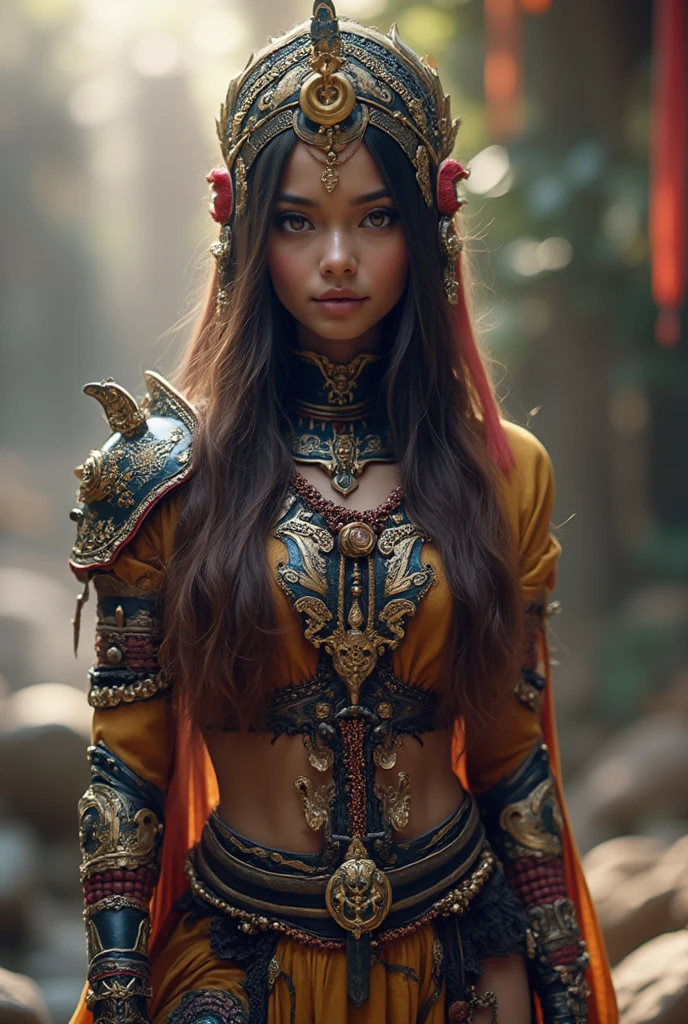 A beautiful, attractive ancient astronaut girl Madison Beer wearing cyberpunk design  complete armor, long hair, treasure quality clothing color, (wearing a cold multi color clothing,)  treasure detail accessory clothing, (illuminating bone helmed tiara), photo shoot, high quality details, Character Sheet Full-Length, High Resolution, Looking at viewer, perfect anatomical details,( native asian  tribe costume & background designs),Unreal Engine, Realism,  Social Media Composition, wearing a  cyberpunk battle armor,Character Sheet Full-Length, photo realistic  details, full body detailed view, ethereal lighting presence,