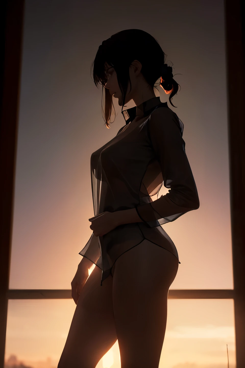 (best quality, masterpiece, high resolution:1.1),Use natural light and color, hyper detail clothes, high detailed anime image, cinematic light, 1 female , (silhouette of body:1.5),(transparent shirt:1.1), against light, (erect nipples:0.8) ,front view