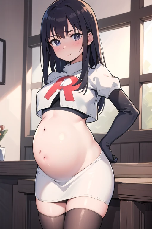 (masterpiece:1.2, best quality), (intricate details), (mature woman, milf), (tall:1.2), anime, solo,mature, team rocket,team rocket uniform,white skirt,red letter R,crop top,black thigh-highs,black elbow gloves, field of depth, cowboy shot, pregnant,