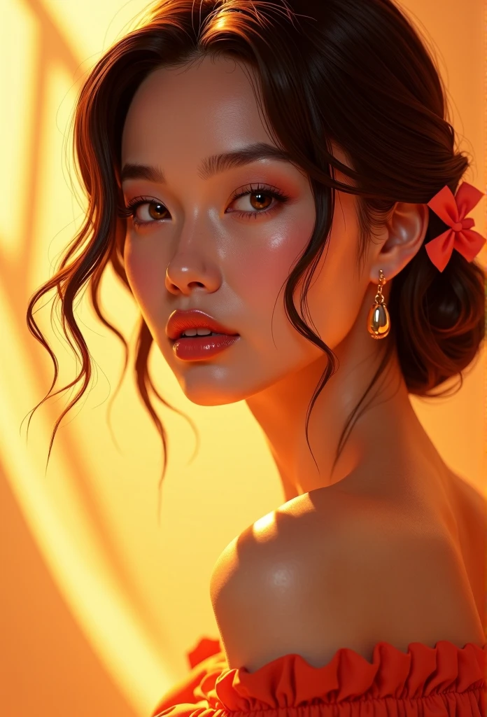 A hyper-detailed and highly stylized portrait of a woman with wavy, flowing hair, illuminated by warm golden lighting. The woman's face is soft and expressive, with a subtle glow enhancing her features. The style resembles a digital oil painting, emphasizing smooth textures and vibrant color contrasts. The background is simple and warm, blending harmoniously with the subject. The composition highlights her beauty and elegance, creating a timeless and artistic impression.