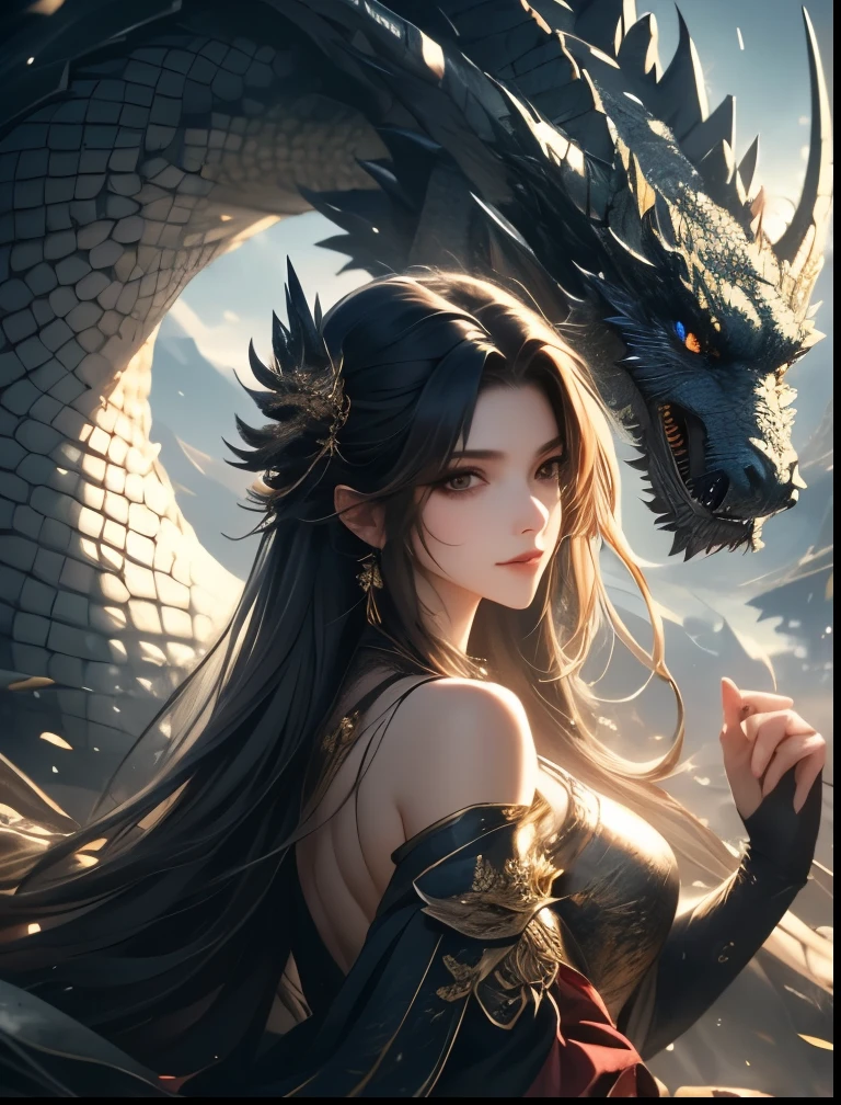 tmasterpiece，mejor calidad，realista，fotorrealista，The painting depicts a woman standing next to a dragon，El fondo es un cielo estrellado incomparablemente vasto，All painting uses cute and authentic portraits(Atractivo estilo de retrato realista)，Y tiene ojos azul oscuro。Cabello largo ondeando y lindo(hermoso:2)。Toda la pintura muestra un excelente realismo y detalle.(Detalles de la foto)，Seguimiento de luces y sombras，Rico en detalles，(((Primer plano de una mujer disfrazada de Han)))，portrait of a dragon girl，dragon-inspired cloth robe，Asiagirl，cabello negro largo y suelto，dragon in the background，Adornos colgantes，chinese fantasy