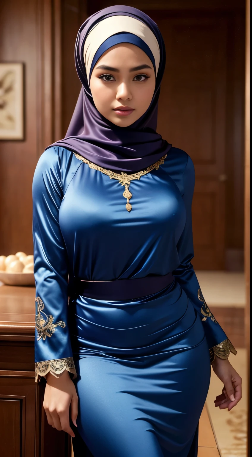 beautiful asian girl, detailed face, detailed eyes, long eyelashes, beautiful lips, busty breast, intricate hijab, flowing sexy dress, high fashion, photorealistic, 8k, hyper detailed, masterpiece, cinematic lighting, vibrant colors, dramatic shadows