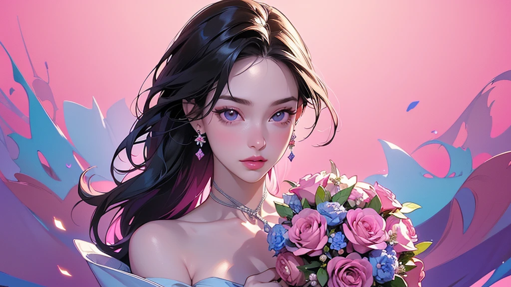 32K, 最高quality, 最高masterpiece, (ultra-Detailed Background, Detailed Background), High resolution, Super detailed, Very detailedな, One girl, (bouquet:1.3), (Tangled:1.2), (Geometric:1.2),(colorful),(masterpiece, quality, best quality, Official Art, Beautiful and beautiful:1.2), (1 girl:1.3), Very detailed,(colorful:1.1)(Flowers:1.3),Most detailed,(Tangled:1.2), whole body, (Abstract background:1.3), (Skin glows), (Many colors:1.4), ,(Earrings Jewelry:1.5), Gradient pink background,