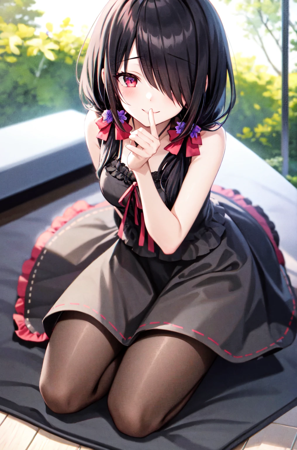 1girl, solo, kneeling, seiza, cckurumi, long hair, low twintails, hair flower, hair over one eye, hair bow, gothic, black dress, ribbon, pantyhose, slippers, sitting, smile, looking at viewer, leaning forward, indoors, living room, television, window, plant, rug,, weird atmosphere, (best quality:1.1), (masterpiece:1.2), high quality shadow, beautiful detailed, (high detailed skin, skin details), (wide_landscape, 8k), beautiful face, detailed eyes, depth of field, dramatic light, best quality, highres, best shadow, best illumination,