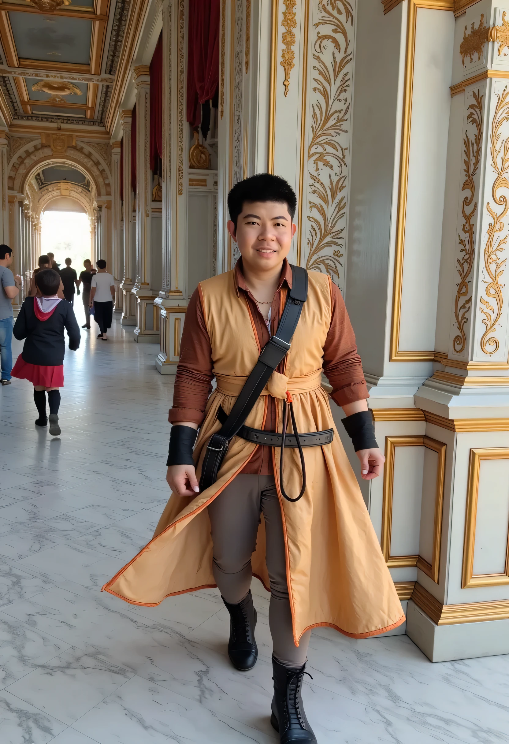 , a dark elf thief plays in a marble palace, Wearing a comfortable medieval dress and tight pants, , A handsome dark elf man smiling confidently and charmingly .