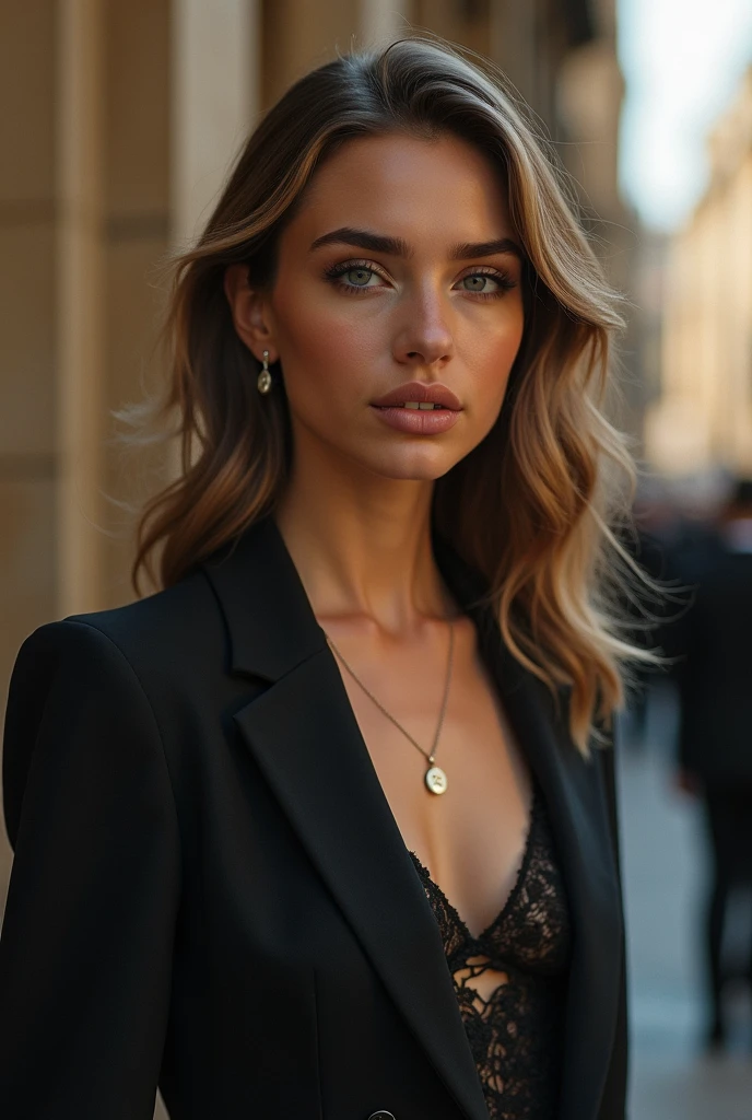 Create an image of a cute girl aged 20. She is standing in an urban setting or a trendy café, wearing a stylish and chic outfit. delicate fair skin, small breast. The background should feature modern city elements or a cozy, aesthetically pleasing café vibe. The overall look should be fashionable and inspiring, with the woman exuding confidence and a touch of glamour. ethereal look, characterized by her delicate and soft facial features. Her medium long, silky hair should flow gracefully, complementing her slim and slender build