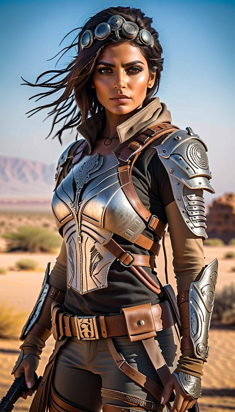 Full body from head to toe, highly detailed and photorealistic depiction of a Persian female post-apocalyptic warrior. She exudes confidence and resilience, wearing a scratched silver combat suit with intricate biomechanical details and a weathered leather jacket layered over her armor. Wearing a hat with crow feathers , apocalyptic soldier gear, with subtle tactical designs. The outfit includes gradient lighting effects reflecting off metallic surfaces, emphasizing the advanced technology of her attire. Her ensemble combines elegance and functionality, adorned with carefully detailed straps, holsters, and protective gear. She carries a futuristic weapon, a hybrid rifle with glowing accents. Her boots are reinforced with rugged detailing, suitable for traversing harsh terrains. The background shows a post-apocalyptic urban wasteland bathed in dramatic lighting, with dust and ruins framing the scene. Barbed wire wrapped around the character, The character is ready for action, her determined gaze capturing the spirit of survival. Perfect for a dynamic shooter game character.
