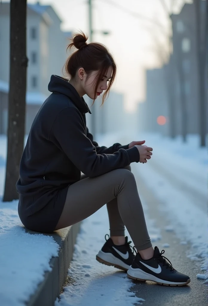 Lisamy is sitting with her foot, bring a "Nike" sport shoes, brand Nike on shoes, on street, side view, diffused light from a cold, frozen landscape, perfect body