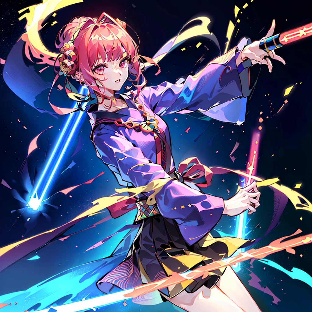 1girl,Handsome face、 perfect anatomy 、((( best composition、 best quality、 masterpiece、 super detailed、 high definition、32K,CG,HHD))),Oiran、(((He holds lightsabers in both hands))),Neon light background 、The moment I'm waving my lightsaber、dynamic、It's an afterimage of a lightsaber drawing a circle