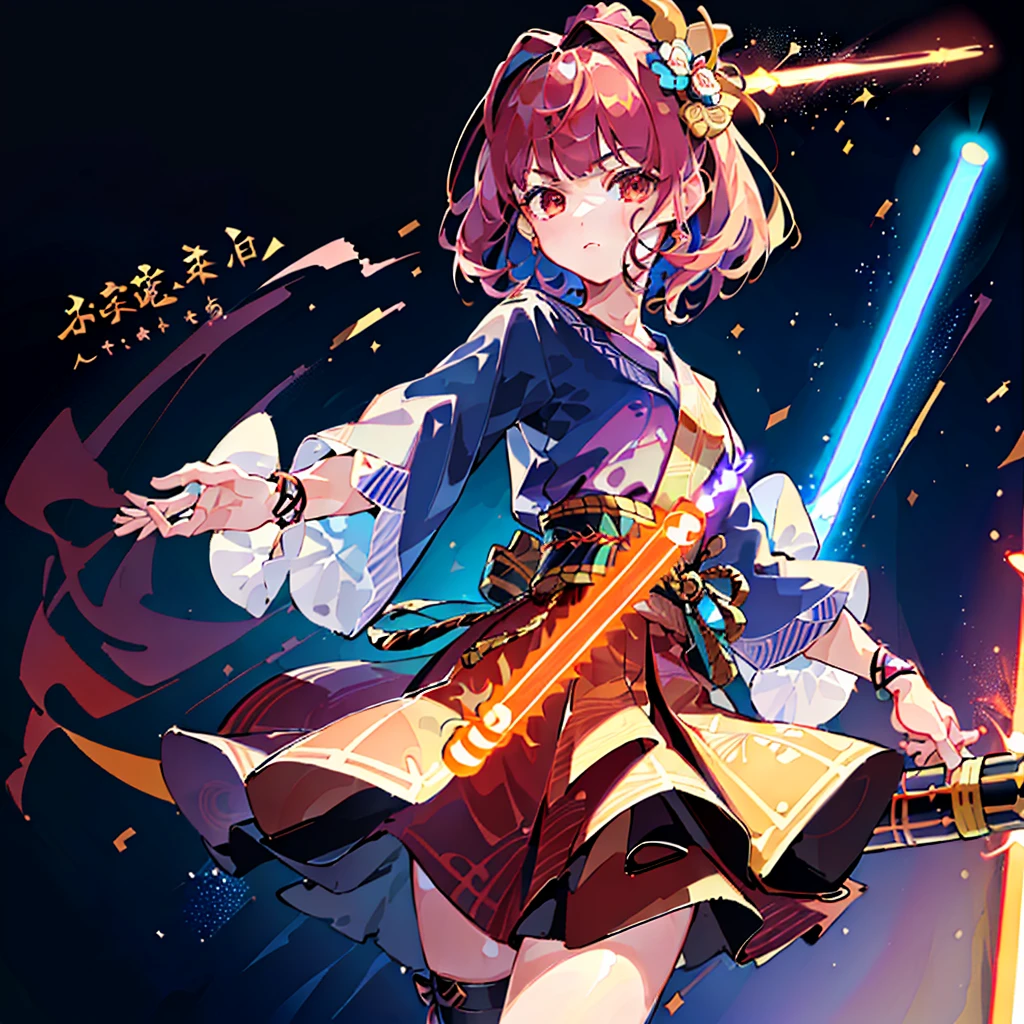 1girl,Handsome face、 perfect anatomy 、((( best composition、 best quality、 masterpiece、 super detailed、 high definition、32K,CG,HHD))),Oiran、(((He holds lightsabers in both hands))),Neon light background 、The moment I'm waving my lightsaber、dynamic、It's an afterimage of a lightsaber drawing a circle