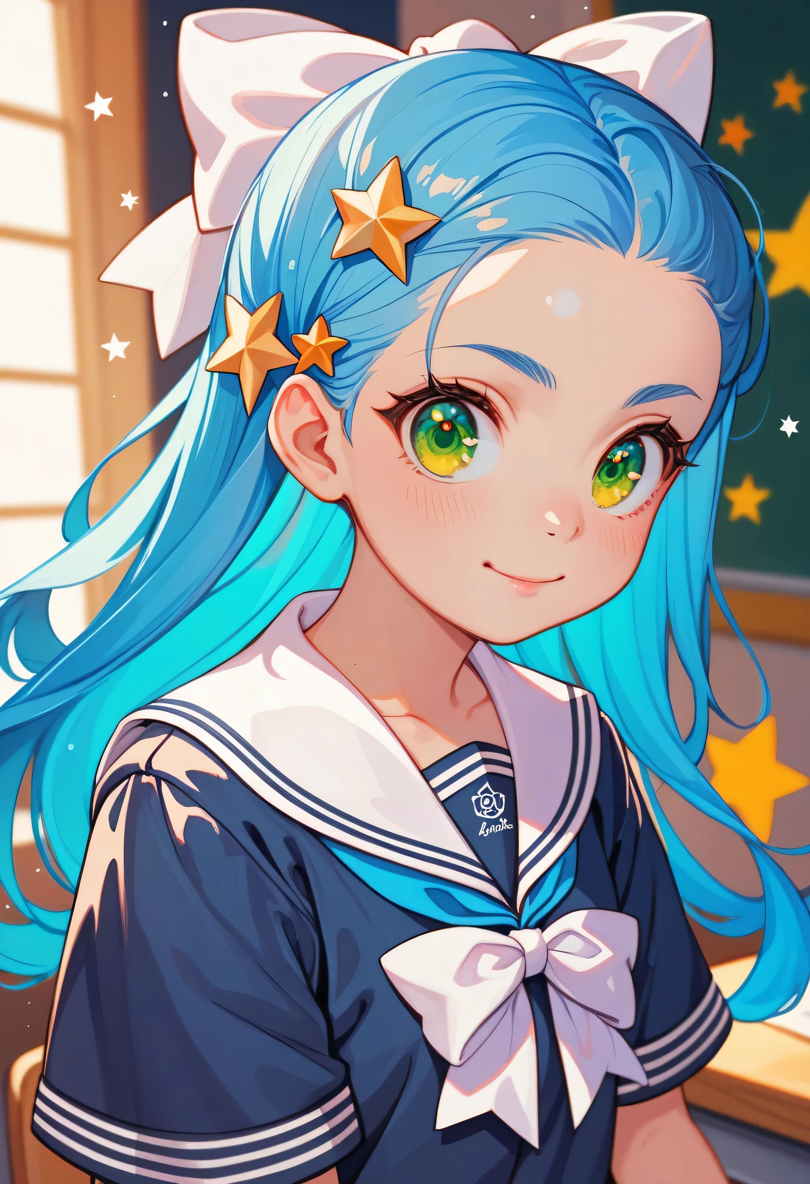 ****, long blue hair, big white bow, green eyes, stars in her eyes, Japanese school uniform