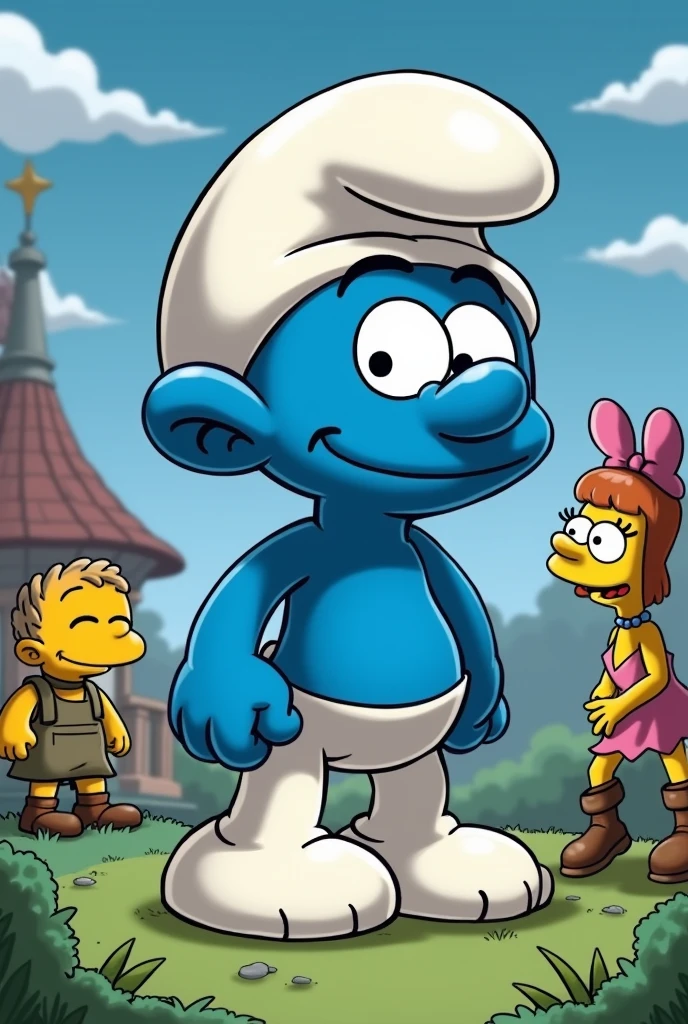 pov, smurfette, blonde, shy, blowjob, penis, half-closed eyes, looking at viewer, hat, white dress, bare shoulders, blue skin, skinny