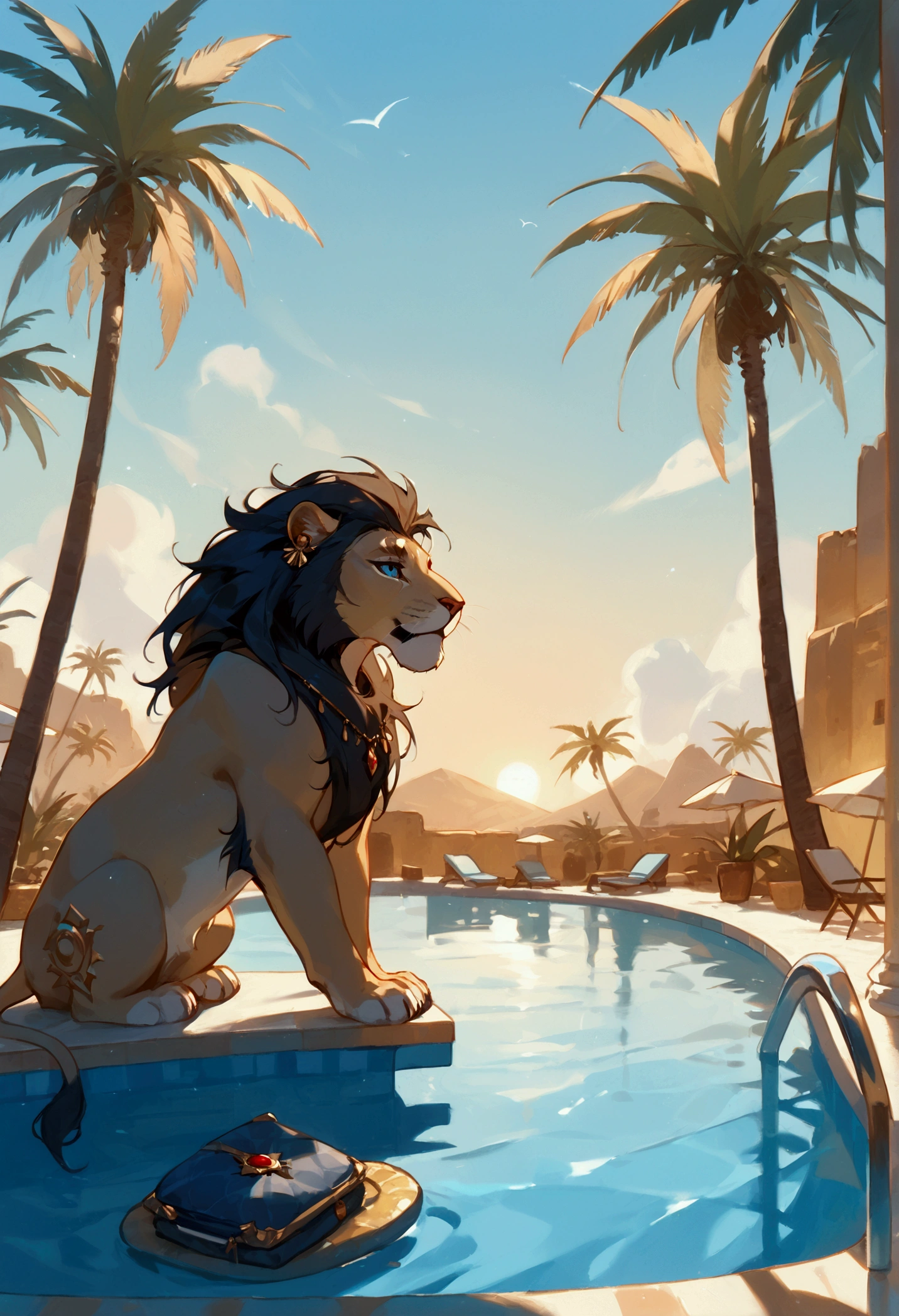 score_9, score_8_up, score_7_up, score_6_up, score_5_up, score_4_up, a picture of an oasis in the middle of the desert, some palm trees, a pool of tranquil water, a lion sits at the oasis, he sits calmly,   vibrant, Ultra-high resolution, High Contrast, (masterpiece:1.5), highest quality, Best aesthetics), best details, best quality, highres, ultra wide angle, 16k, [ultra detailed], masterpiece, best quality, (extremely detailed) RAW,