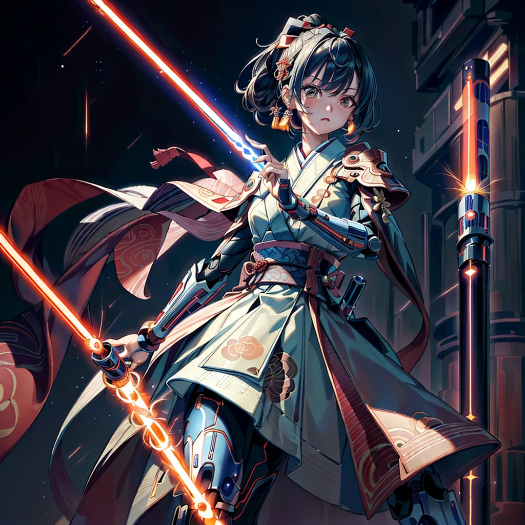 1girl,Handsome face、 perfect anatomy 、((( best composition、 best quality、 masterpiece、 super detailed、 high definition、32K,CG,HHD))),Oiran、(((He holds lightsabers in both hands))),Neon light background 、The moment I'm waving my lightsaber、dynamic、It's an afterimage of a lightsaber drawing a circle