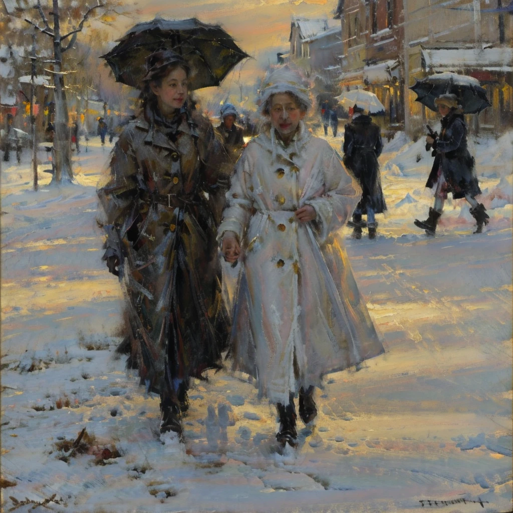 Create an impressionist-style oil painting of a snowy street scene, with people walking under umbrellas and shops glowing warmly in the evening light. Use short, broken brushstrokes and a cool color palette with touches of warm highlights to depict the contrast between the cold winter scene and the cozy interiors. Draw inspiration from the works of Alfred Sisley, capturing the stillness and beauty of the winter night.