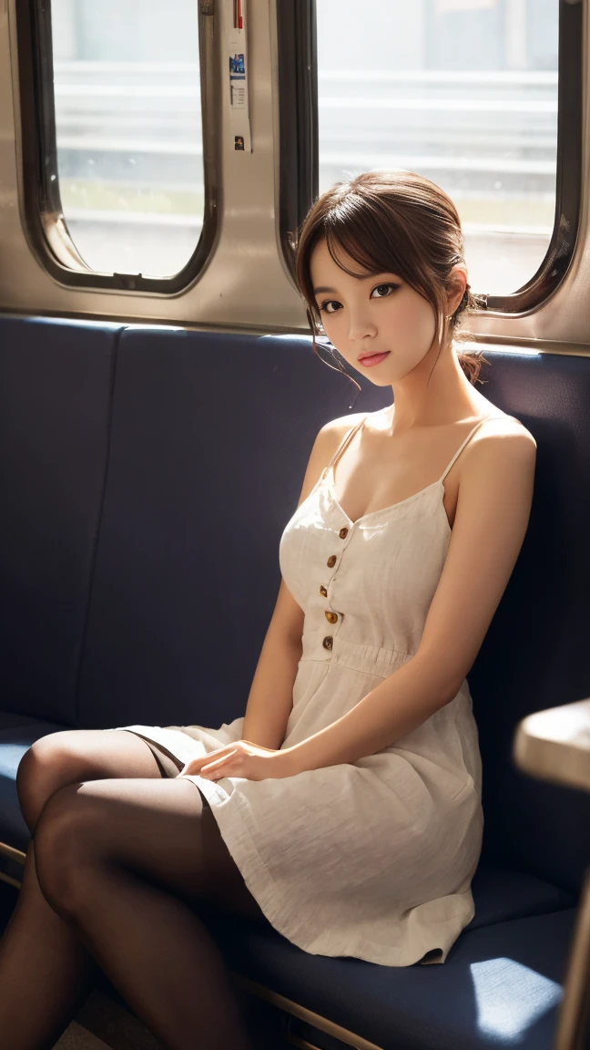 (masterpiece,  best quality, 8k,  RAW photo, beautifully、beautiful:1.2),  intricate detail, indirect lighting, Realistic, whole body,  sitting on a train chair、 the audience、Peeking、   Square Neck Button Down Linen Sundress, ( Ultra Realistic Pantyhose)、 woman&#39;Training ,  Chair that you can sit on under your skirt,  ultra high resolution,8k,Bokeh, sharp concentration, super detailed face,Spanish Girls ,beautiful足,thin,( medium chest), super detailed eyes 、( miniskirt:1.5)、( panchira )