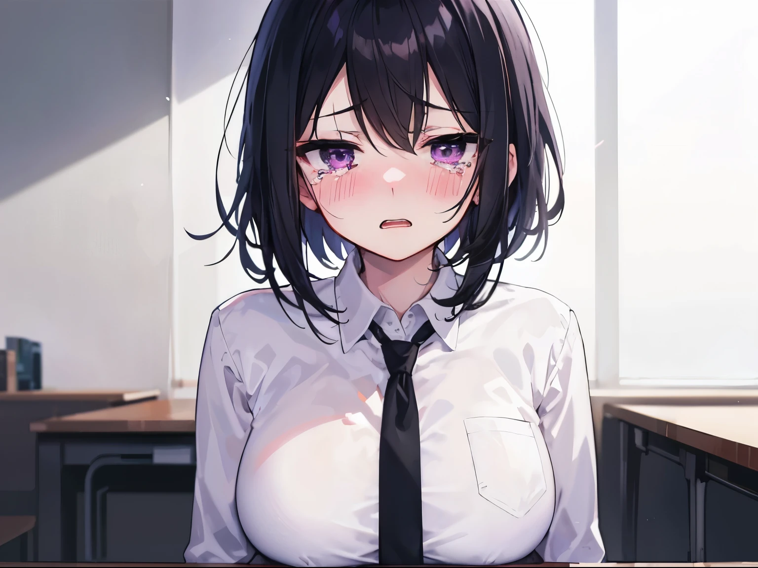 Throat exam, fully nude, no panties, detailed face, hands behind back, open mouth, small breasts, tilted slightly up (Sticking out tongue:1) Cute, troubled, nipples, black hair, black eyes, short hair, embarrassed, blushing, shy, hospital, sitting in a chair, medical examination, close-up of face, showing inside of mouth 1.male