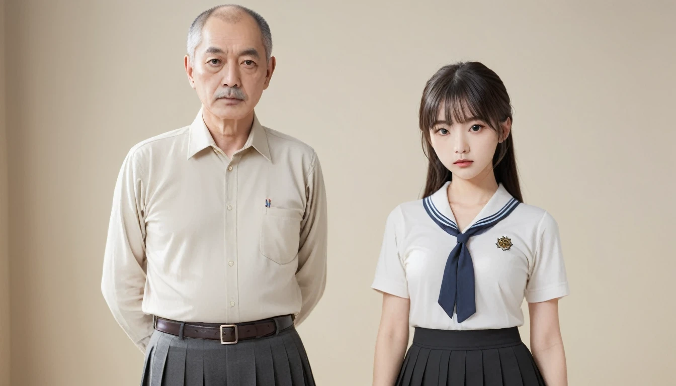  two-shot of an elderly man and a female student、 standing、 full body shot、 female high school student is 18 years old 、 Japanese、 high school uniform 、 white blouse 、 Black Pleated Skirt 、 160ｃｍ、Long black hair、Ponytail、bangs、 cute face、Beautiful face、 calm look、 slim body、 tall, slim waist 、Ample breasts、F Cup、 with well-groomed body lines like models 、 looking at the camera、Man is 55 years old , tall,165 ｃｍ、A bald and fat ,Belly protruding、Tired face and lascivious vulgar face 、 man looks at a high school girl with nasty eyes 、 detailed raw color photo ,  professional photo , ( real、フォト real:1.37)、 super detail , High image quality,  best quality,  high definition , 8k, UHD, masterpiece、Bright natural light、